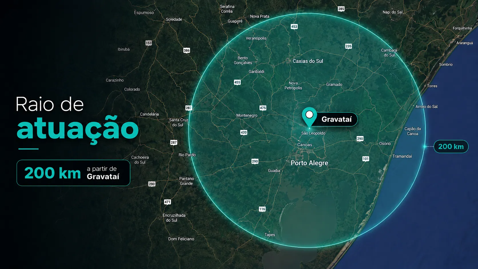 Mapa do raio de atuação de até 200 km da Kasal a partir de Gravataí